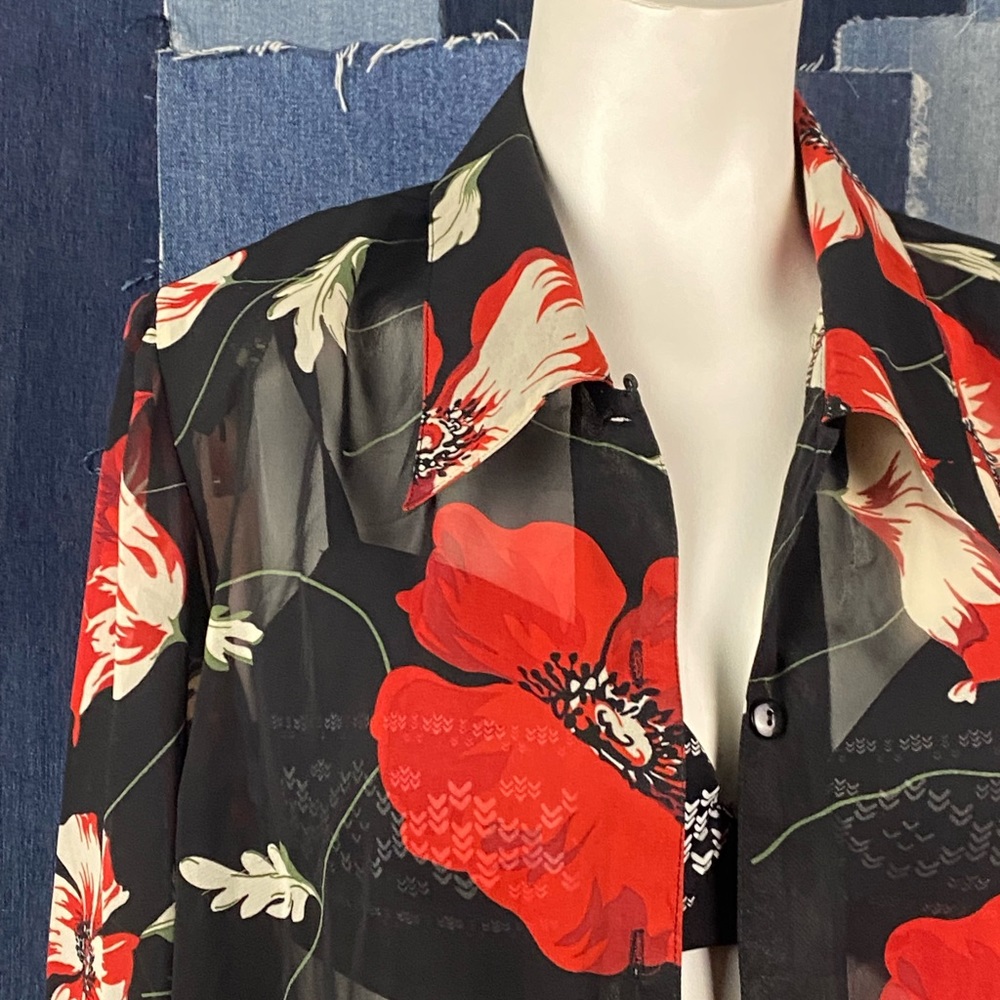 Big Floral Sheer Long Sleeve Collared Blouse Sz L - Picture 7 of 8